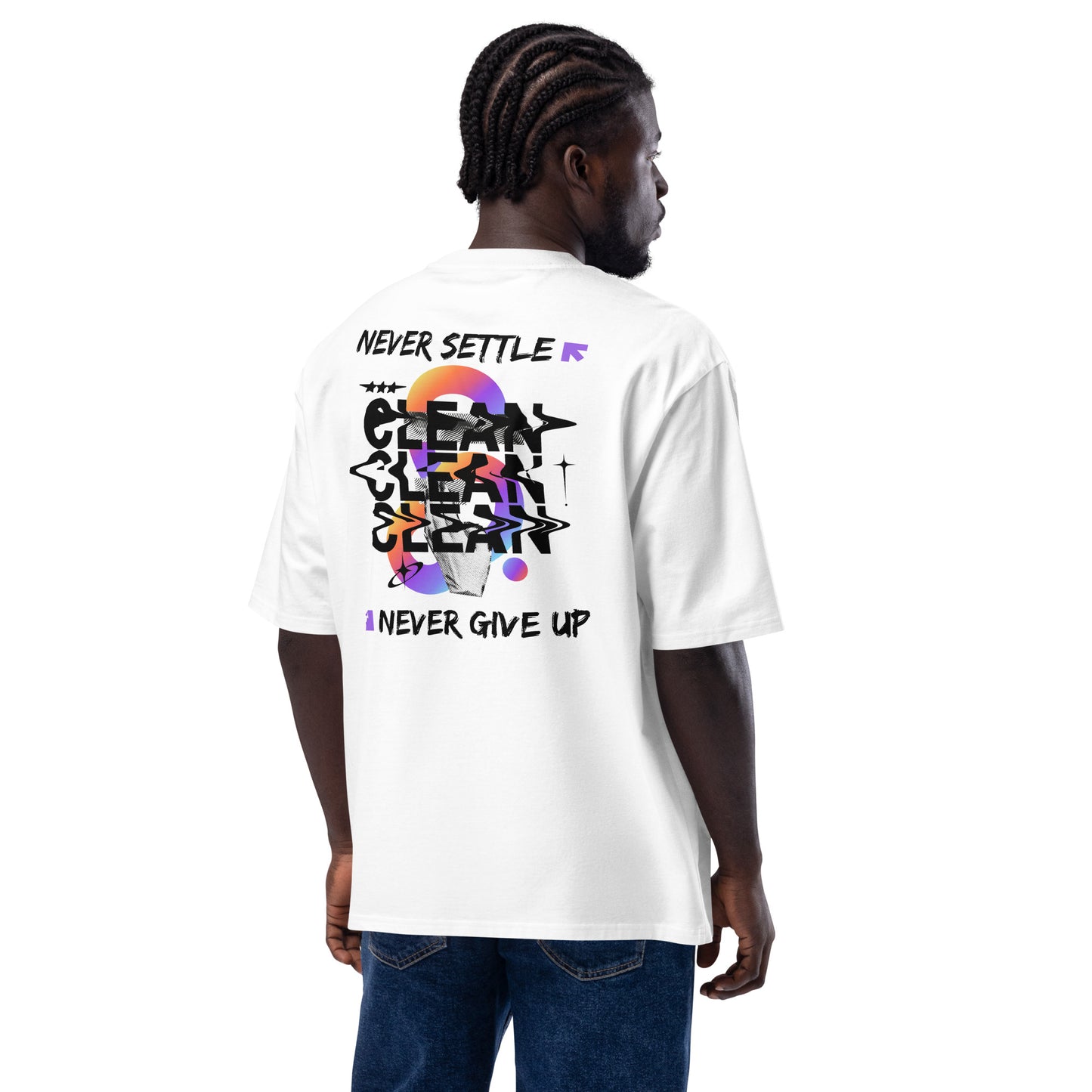 Oversized Λευκό Ανδρικό T-shirt - Graphic Never Settle, Never Give Up