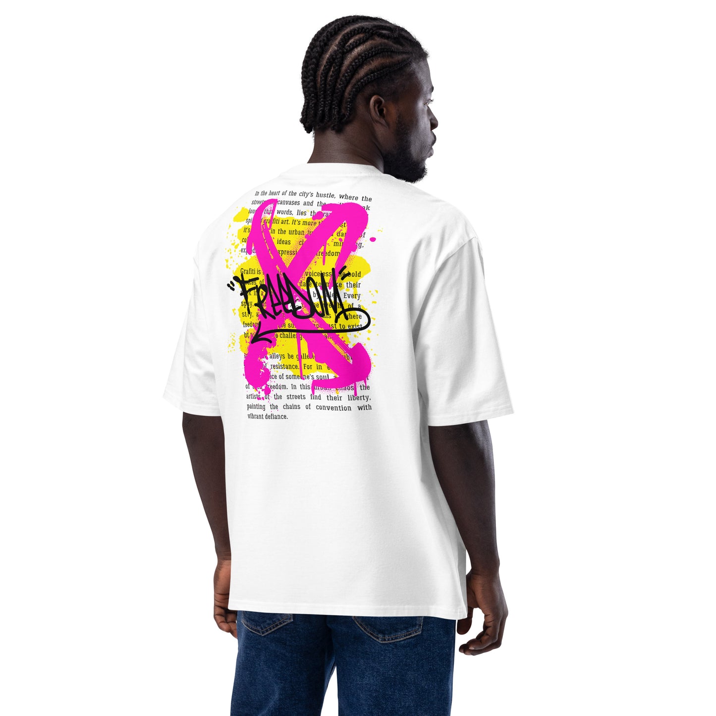 Oversized Λευκό Ανδρικό T-shirt - Graffiti Tag "Freedom"