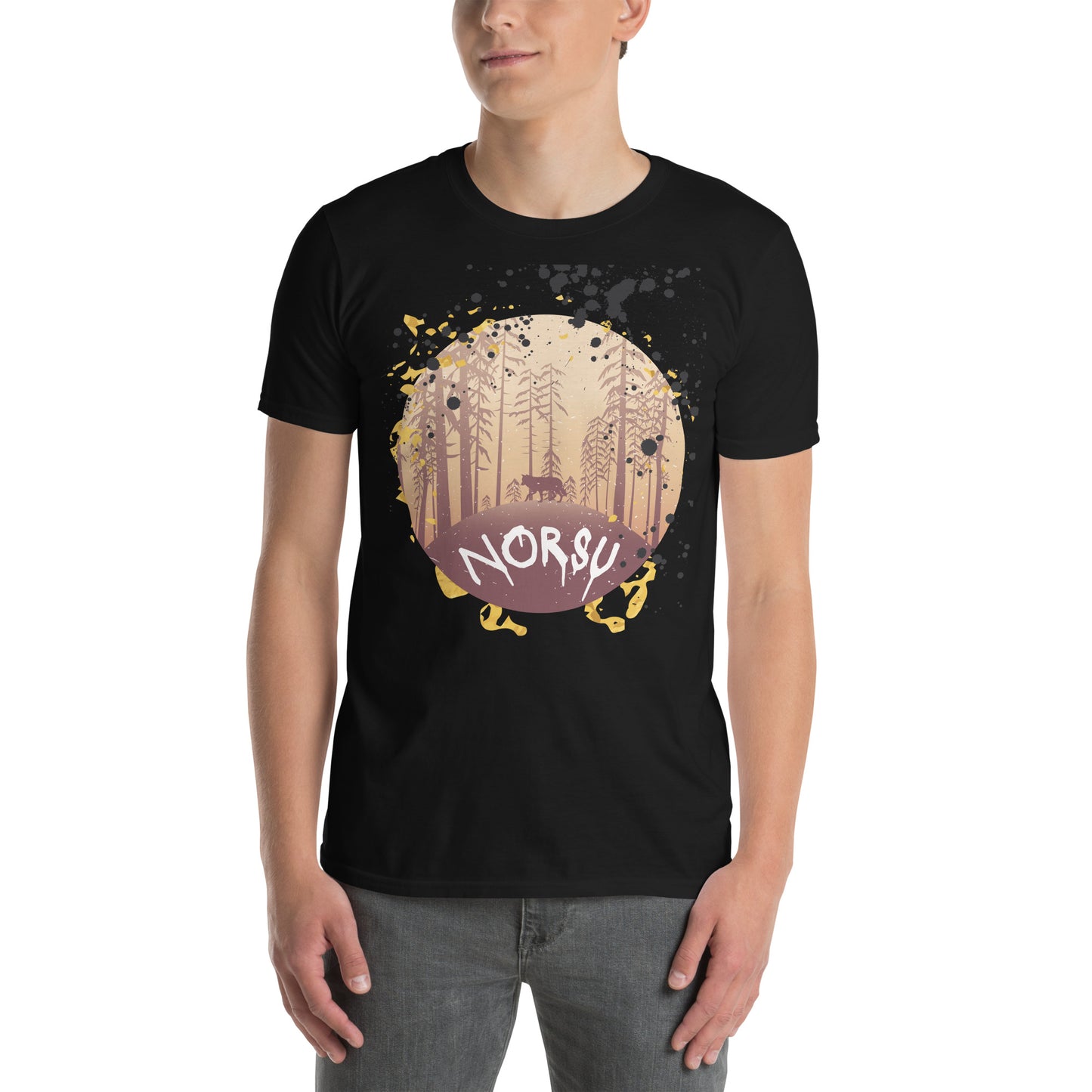 Μαύρο Ανδρικό T-shirt - Λύκος στο Δάσος Γκραφίτι