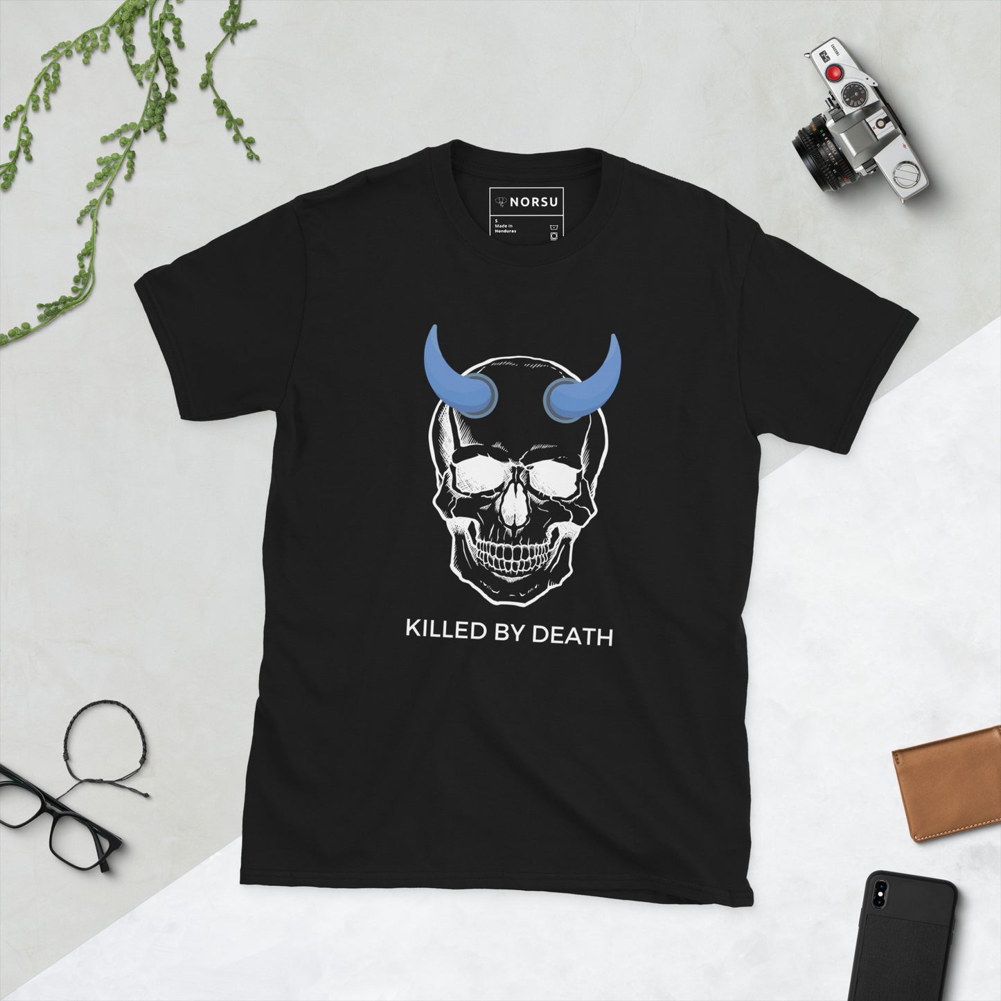 Μαύρο Ανδρικό T-shirt - Νεκροκεφαλή Μπλε Κέρατα Killed by Death Motorhead