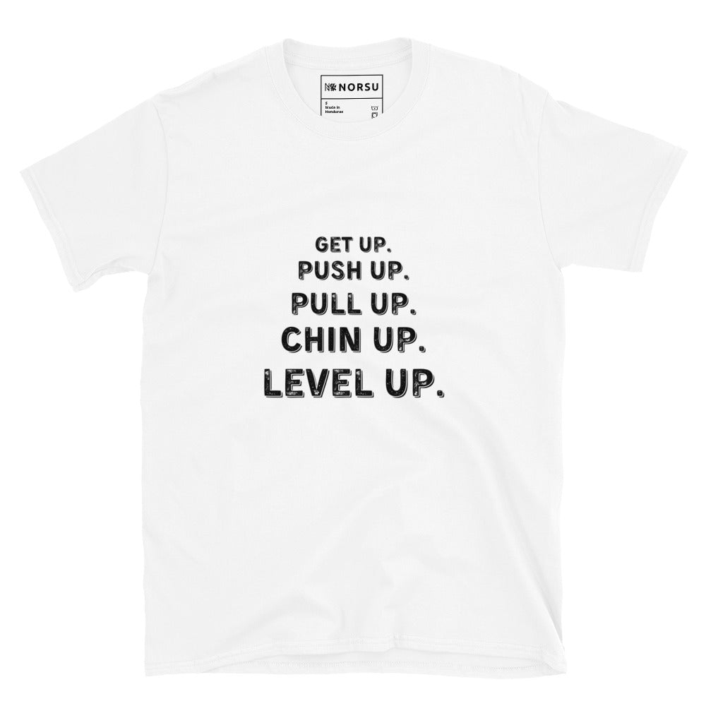 Λευκό Ανδρικό T-shirt - Get up, Push up, Pull up, Chin up, Level up
