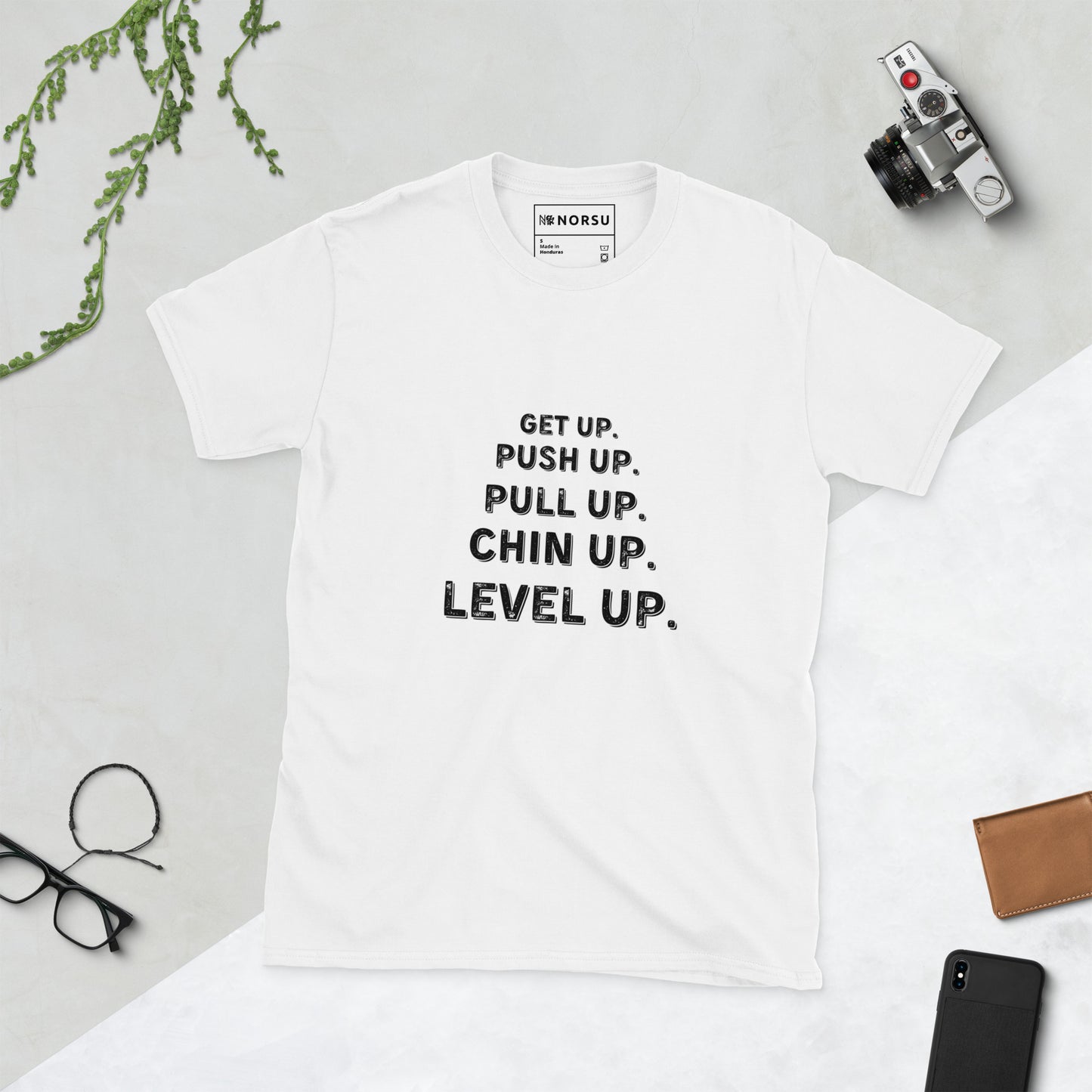 Λευκό Ανδρικό T-shirt - Get up, Push up, Pull up, Chin up, Level up