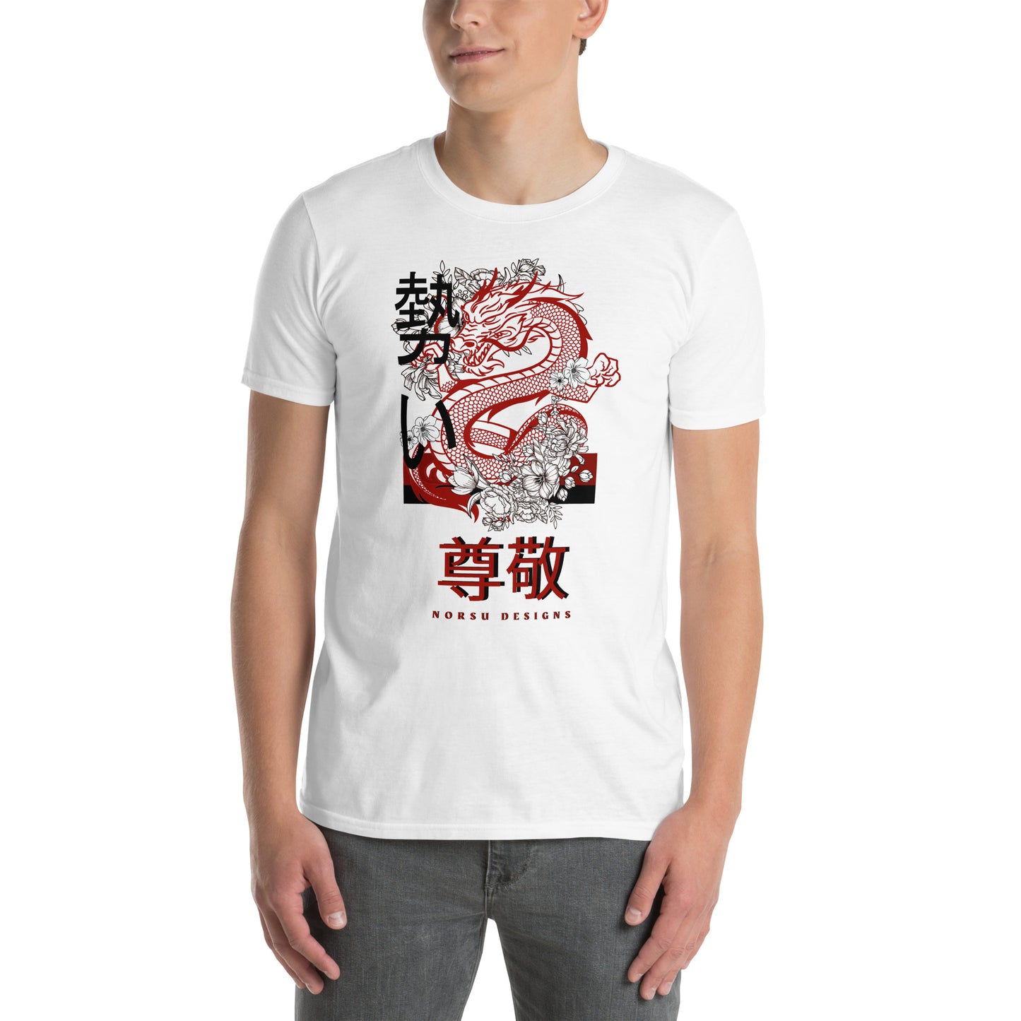 White Men's T-shirt - Respect (Sonkei) Japanese dragon design