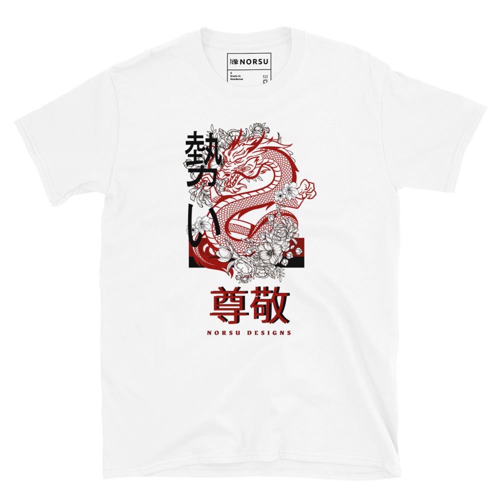 White Men's T-shirt - Respect (Sonkei) Japanese dragon design