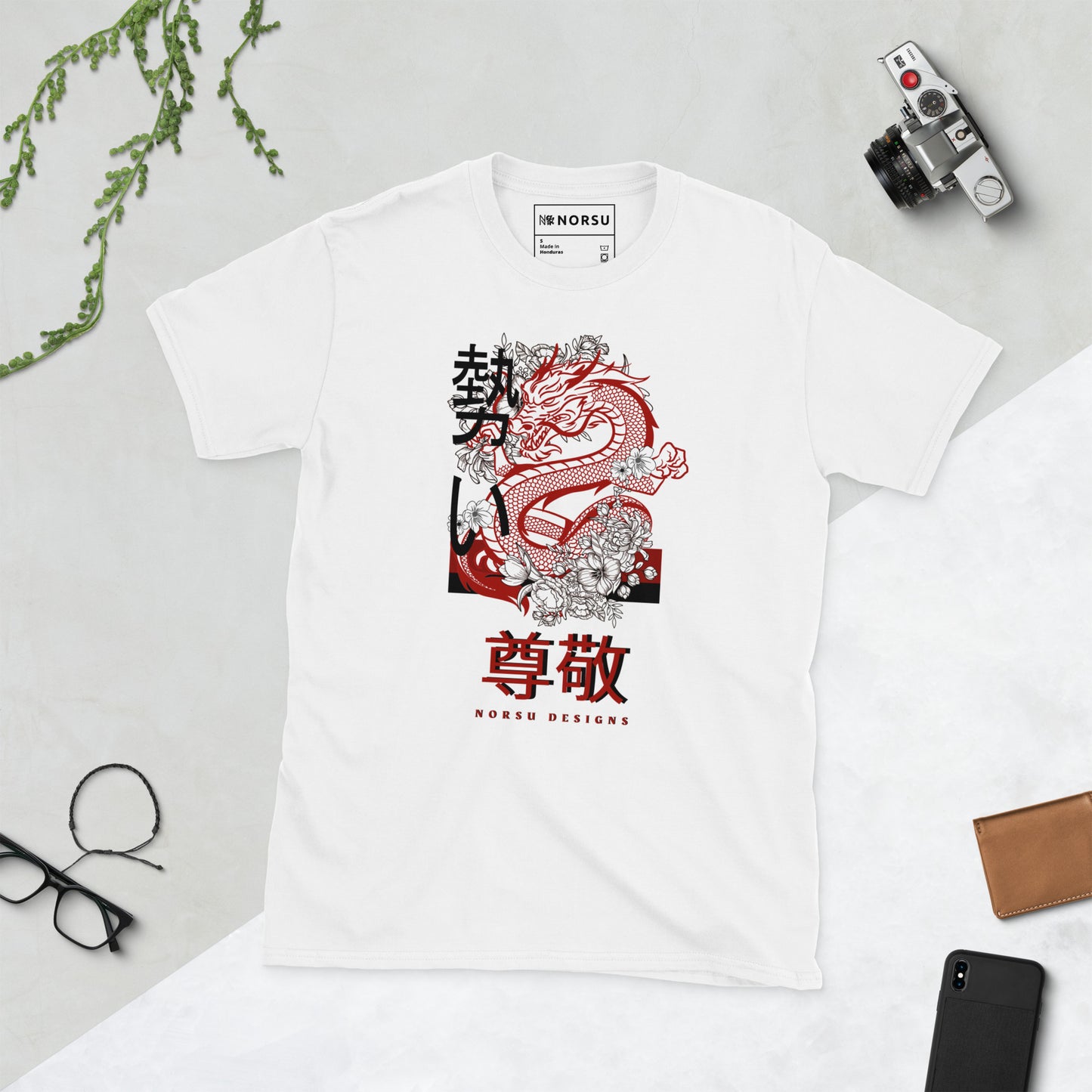 White Men's T-shirt - Respect (Sonkei) Japanese dragon design